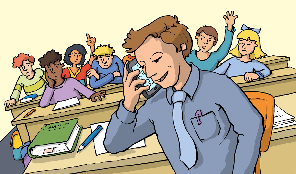 Die Illustration zeigt einen Lehrer, der mit Handy telefoniert. Hinter ihm sind die Schülerinnen und Schüler sehr munter in den Bänken.