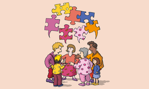 Illustration: Pluralismus. Man sieht viele bunte Puzzle-Teile.