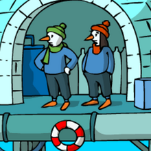 Zwei Pingus schauen auf mehrere Gasflaschen.