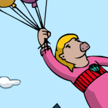 Ella hägt an mehreren Luftballons in der Luft.