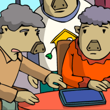 Zwei Schweine sitzen zusammen am Tisch und schauen auf ein Tablet.
