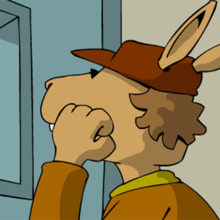 Der Hase hämmert mit seinen Fäusten an die Tür.