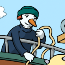 Ein Pingu auf dem Schiff holt ein Seil ein.