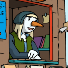 Eine Pinguindame sitzt in einem Info-Häuschen.