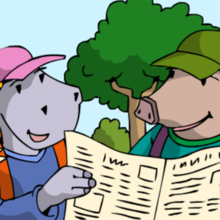 Zwei Kinder schauen in eine Zeitung.