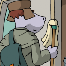 Ein Untertane des König Speckig steht mit Putzmitteln vorm Haus.