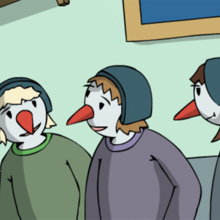 Die drei Pingus von Vulkaneiland schauen sich an.