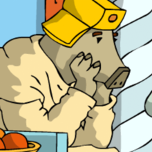 König Speckig sitzt zusammengesunken auf seinem Thron.