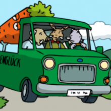 Die drei Alten sitzen in ihrem Möhren-Fahrzeug.