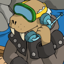 Odo mit Tauchausrüstung am Telefon.