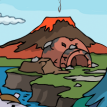 Eine Insel mit rauchendem Vulkan im Hintergrund.