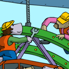 Arbeiter schrauben das Riesenrad zusammen.