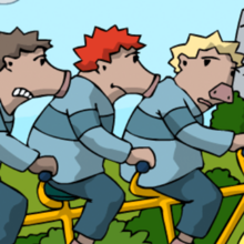 Die Bimus Fahren auf einem Triplett, einem Fahrrad für drei Personen.