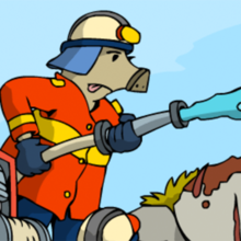 Ein Feuerwehrschwein mit Wasserschlauch