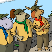 Die Pfadfindergruppe steht vor der Höhle.