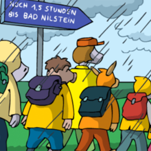 Sauburger Kinder auf ihrem Schulweg im Regen.
