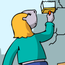 Eine Nilo steht mit einem großen Pinsel an der Wand.