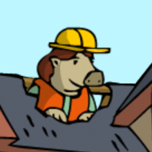 Eine Handwerkerin mit Bauhelm schaut aus dem Dach heraus.