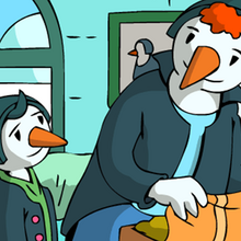 Eine Pingufamilie beim Packen.