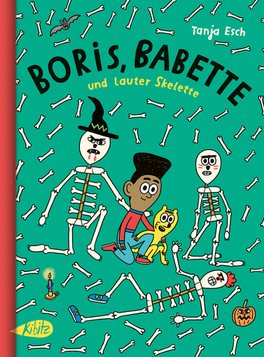 Boris, Babette und lauter Skelette. Man sieht ein Kind mit einem kleinen Tier im Arm, um sie herum befinden sich drei Skelette. 