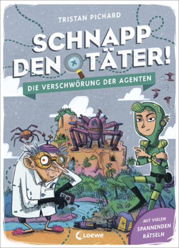Schnapp den Täter. Der Titelheld Grünus steht im Vordergrund, neben ihm ein Mann. Im Hintergrund sind gefährlich aussehende Roboter zu sehen.