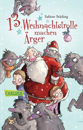 Weihnachtstrolle machen Ärger. Man sieht den Weihnachtsmann umringt von Weihnachtstrollen. 