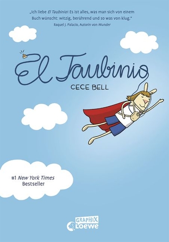 El Taubinio. Ein Comic Haase mit einem roten Cape und einem Walkman um die Brust fliegt durch die Luft. 