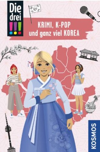 Drei Mädchen vor einer rosa Korea-Karte, im Mittelpunkt ein Mädchen im traditionellen Hanbok.