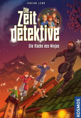 Vier Kinder verfolgen einen Ninja auf Dächern im alten Japan bei Nacht.