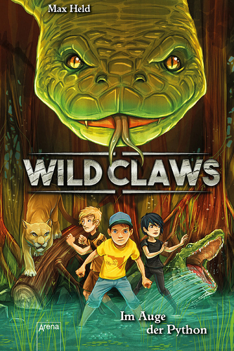 Wild Claws – Band 1: Im Auge der Python. Man sieht drei Kinder, die kampfbereit aussehen und gefährliche Tiere im Hintergrund. 