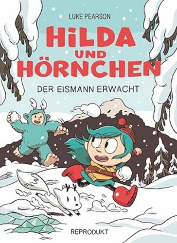 Ein Mädchen mit blauen Haaren und ein kleiner weißer Fuchs in einer Schneeballschlacht mit einem Yeti.
