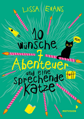 10 Wünsche, 7 Abenteuer und eine sprechende Katze. Etwas explodiert. Gegenstände fliegen. Man sieht auch Kerzen und eine schwarze Katze.