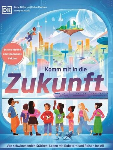 Eine Gruppe von Kindern schauen auf moderne Hochhäuser, eine fliegende Stadt und einen Jungen, der mit einem Jetpack auf dem Rücken durch die Luft fliegt.