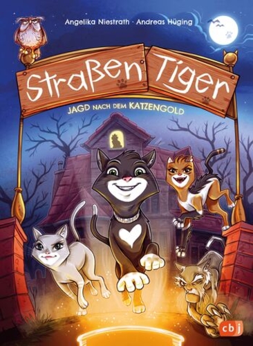 Vier Katzen sind im Vordergrund, im Hintergrund steht ein gruseliges Haus. Es ist Nacht.