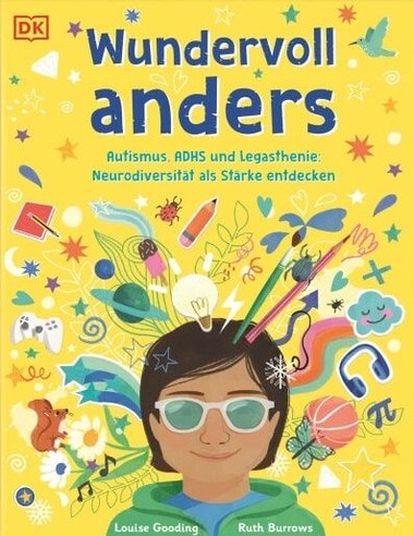 Portraitzeichnung eines lächelnden Kindes, um das Kind herum sind viele verschiedene Dinge wie Stifte, Köpfhörer, ein Eichhörnchen oder ein Regenbogen