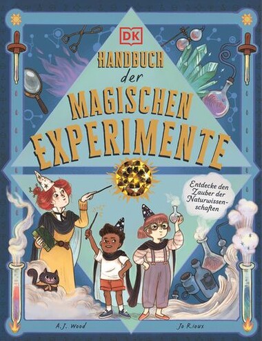 Eine Frau und zwei Kinder mit Hexenhüten und Zauberstäben, umringt von magischen Utensilien .