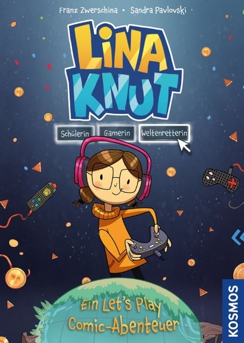 Lina Knut - Schülerin, Gamerin, Weltenretterin. Ein junges Mädchen mit Headset und einem Gaming-Controller steht auf einer kleinen Erde.