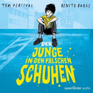 Illustration eines nachdenklich sitzenden Jungen auf einem blauen Parkplatzhintergrund, Titel in gelber Schrift.