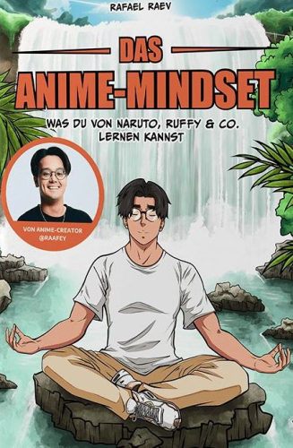Ein im Manga-Stil gezeichneter Mann, der auf einem Stein im Wasser sitzt und meditiert. Im Hintergrund ist ein Wasserfall.