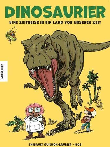 Ein riesiger T-Rex jagt zwei Comicfiguren durch eine Urwaldlandschaft.